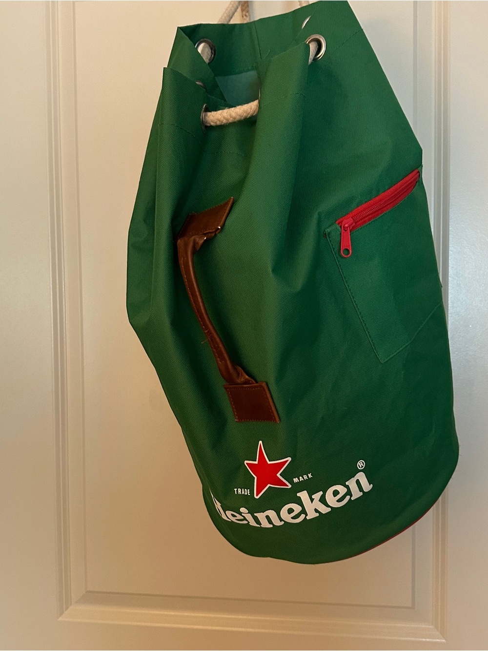 Heineken Beer Green Canvas Duffel Bucket Backpack Bag with Red Zip Accent